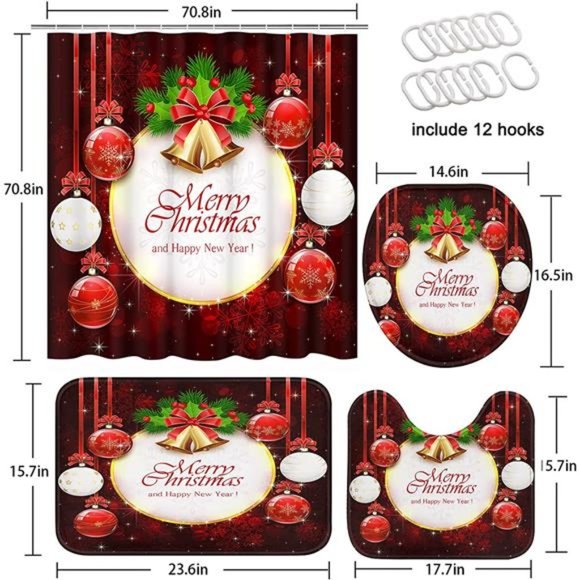 4 Pcs Merry Christmas Bathroom Sets with Shower Curtain and Rugs and Accessories - Picture 4 of 6